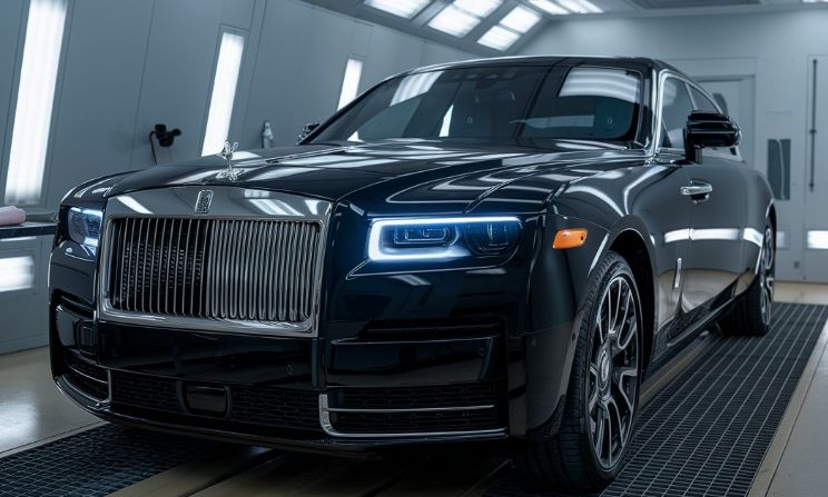 Black Rolls Royce in paint booth at The Ultimate Paint Shop for Certified Rolls Royce Paint Repair Black-Rolls-Royce-in-paint-booth-at-The-Ultimate-Paint-Shop-for-Certified-Rolls-Royce-Paint-Repair