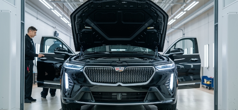 Lake Bluff Certified Collision Repair cadillac in paintbooth