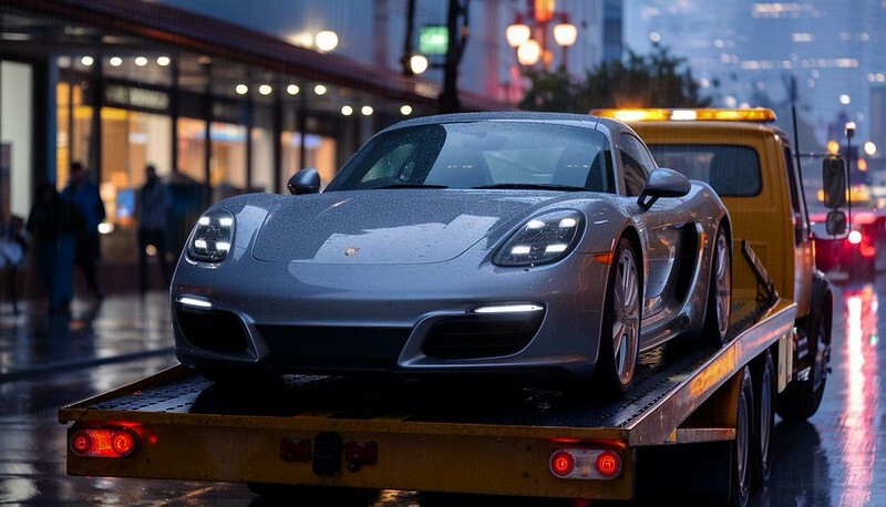 Porsche on tow truck-Collision repair services