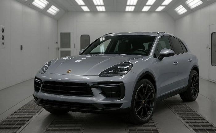 Porsche Certified Auto Body Shop porsche suv in paintbooth Porsche Certified Auto Body Shop porsche suv in paintbooth