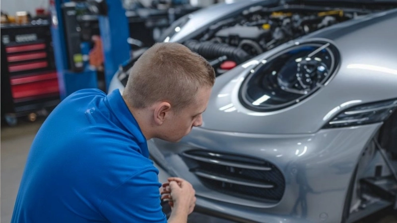 Porsche Certified Auto Body Shop tech working on porsche Porsche Certified Auto Body Shop tech working on porsche