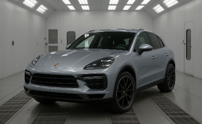 Highland Park Collision Repair porsche in paintbooth