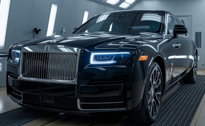Lake Bluff Collision Repair rolls royce in paintbooth