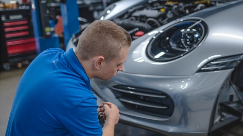 Lake Bluff Collision Repair estimator inspecting porsche